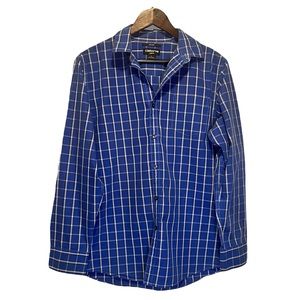 Claiborne Blue White Plaid Button Down Shirt Mens Large Slim Fit Cotton Casual D